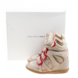 Pre Owned Isabel Marant Grey Suede with Metalllic Red Leather Trim Bekett Wedge Sneakers Size 35