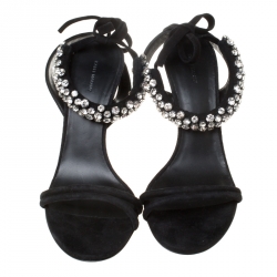 Pre Owned Isabel Marant Black Suede Alrin Crystal Embellished Ankle Strap Sandals Size 38
