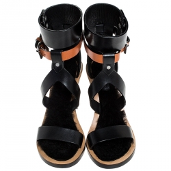 Pre Owned Isabel Marant Black/Tan Leather Jenyd Ankle Wrap Open Toe Sandals Size 37