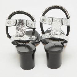 Pre Owned Isabel Marant Silver/Black Crackled Laminated Leather Ankle Strap Sandals Size 39