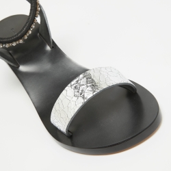 Pre Owned Isabel Marant Silver/Black Crackled Laminated Leather Ankle Strap Sandals Size 39