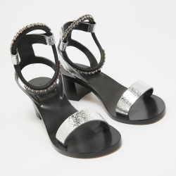Pre Owned Isabel Marant Silver/Black Crackled Laminated Leather Ankle Strap Sandals Size 39