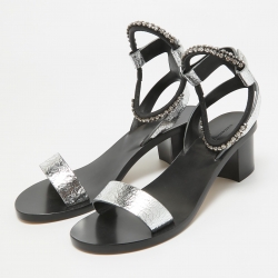 Pre Owned Isabel Marant Silver/Black Crackled Laminated Leather Ankle Strap Sandals Size 39