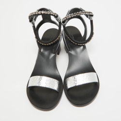 Pre Owned Isabel Marant Silver/Black Crackled Laminated Leather Ankle Strap Sandals Size 39
