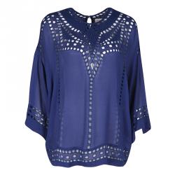 Pre Owned Isabel Marant Etoile Navy Blue Cutout Detail Embroidered Short Sleeve Top M