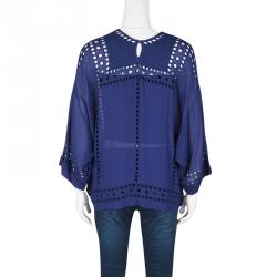 Pre Owned Isabel Marant Etoile Navy Blue Cutout Detail Embroidered Short Sleeve Top M