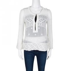 Pre Owned Isabel Marant White Embroidered Crinkled Silk Sheer Top S