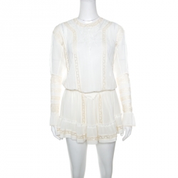 Pre Owned Isabel Marant Off White Cotton Smocked Waist Yoke Lace Peasant Dress S
