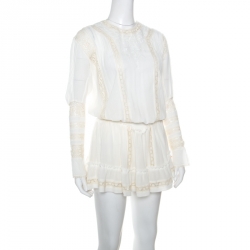 Pre Owned Isabel Marant Off White Cotton Smocked Waist Yoke Lace Peasant Dress S