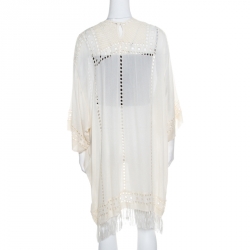 Pre Owned Isabel Marant Etoile Cream Embroidered Ladder Lace Insert Tasseled Hem Kaftan S