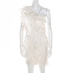 Off White Floral Patterned Silk Ruffled Tiered One Shoulder Dress