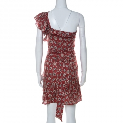 Pre Owned Isabel Marant Etoile Brick Red Paisley Print Linen One Shoulder Ruffle Mini Teller Dress S