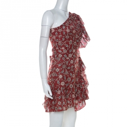 Pre Owned Isabel Marant Etoile Brick Red Paisley Print Linen One Shoulder Ruffle Mini Teller Dress S