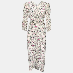 Pre Owned Isabel Marant Yellow Printed Silk Gathered Detail Dress S