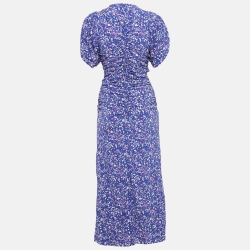 Pre Owned Isabel Marant Purple Printed Silk Blend Ruched Long Dress S