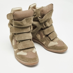Pre Owned Isabel Marant Olive Green/Brown Suede And Leather Bekett Wedge High Top Sneakers Size 38