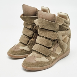 Pre Owned Isabel Marant Olive Green/Brown Suede And Leather Bekett Wedge High Top Sneakers Size 38