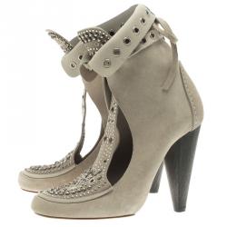 Pre Owned Isabel Marant Beige Suede Mossa Studded Cutout Ankle Boots Size 39