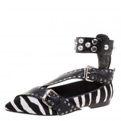 Pre Owned Isabel Marant Zebra Print Calf Hair Linzy Eyelet Pointed Toe Ballet Flats Size 37