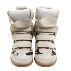 Pre Owned Isabel Marant Beige Suede and Printed Canvas Bekett Hawaiian Wedge Sneakers Size 41