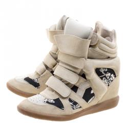 Pre Owned Isabel Marant Beige Suede and Printed Canvas Bekett Hawaiian Wedge Sneakers Size 41