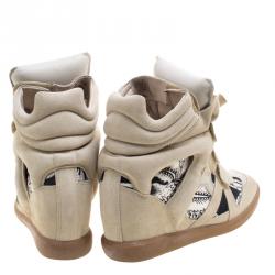 Pre Owned Isabel Marant Beige Suede and Printed Canvas Bekett Hawaiian Wedge Sneakers Size 41