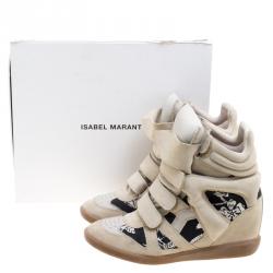 Pre Owned Isabel Marant Beige Suede and Printed Canvas Bekett Hawaiian Wedge Sneakers Size 41