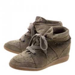 Pre Owned Isabel Marant Khaki Suede Etoile Bobby Wedge Sneakers Size 40