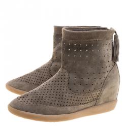 Pre Owned Isabel Marant Moss Green Perforated Suede Basley Ankle Boots Size 40