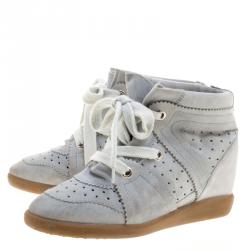 Pre Owned Isabel Marant Grey Suede Bobby Lace Up Wedge Sneakers Size 37