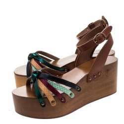 Pre Owned Isabel Marant Multicolor Leather Zia Wooden Wedge Ankle Strap Sandals Size 38
