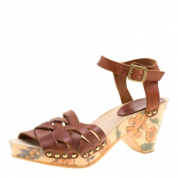 Isabel Marant Brown Leather Criss Cross Strap Floral Printed Platfrom Sandals Size 36