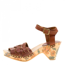 Isabel Marant Brown Leather Criss Cross Strap Floral Printed Platfrom Sandals Size 36
