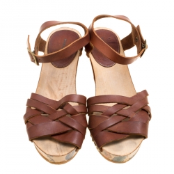 Isabel Marant Brown Leather Criss Cross Strap Floral Printed Platfrom Sandals Size 36