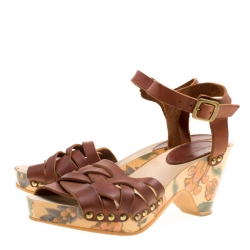 Isabel Marant Brown Leather Criss Cross Strap Floral Printed Platfrom Sandals Size 36