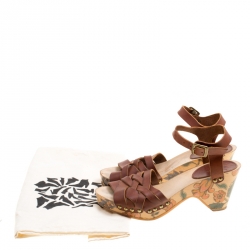 Isabel Marant Brown Leather Criss Cross Strap Floral Printed Platfrom Sandals Size 36