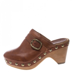 Isabel Marant Brown Leather Studded Platform Clogs Size 37