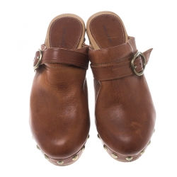 Isabel Marant Brown Leather Studded Platform Clogs Size 37