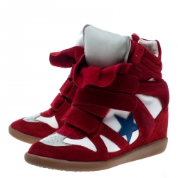 Isabel Marant Red/Beige Suede and Canvas Bayley Star Wedge Sneakers Size 37