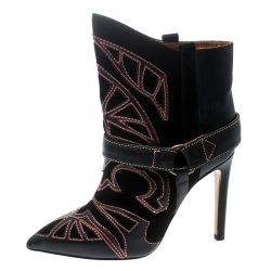 Pre Owned Isabel Marant Black Embroidered Suede and Leather Betty Ankle Boots Size 37