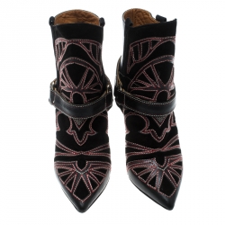 Pre Owned Isabel Marant Black Embroidered Suede and Leather Betty Ankle Boots Size 37