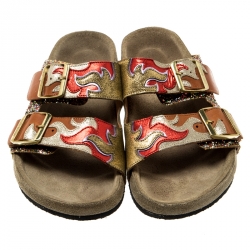 Pre Owned Isabel Marant Multicolor Leather And Coarse Glitter Gail Flat Slides Size 37