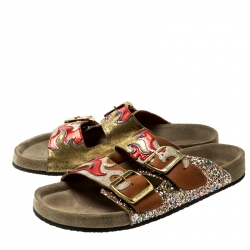 Pre Owned Isabel Marant Multicolor Leather And Coarse Glitter Gail Flat Slides Size 37