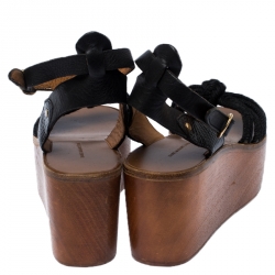 Isabel Marant Black Knot Rope and Leather Zia Wooden Wedge Sandals Size 39