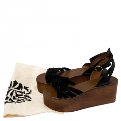 Isabel Marant Black Knot Rope and Leather Zia Wooden Wedge Sandals Size 39