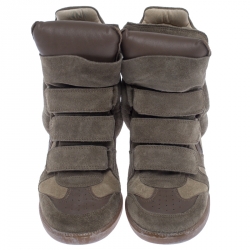 Pre Owned Isabel Marant Olive Green Suede And Leather Trim Bekett Wedge Sneakers Size 37