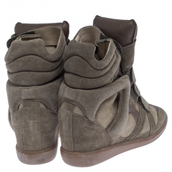 Pre Owned Isabel Marant Olive Green Suede And Leather Trim Bekett Wedge Sneakers Size 37