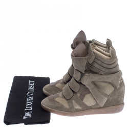 Pre Owned Isabel Marant Olive Green Suede And Leather Trim Bekett Wedge Sneakers Size 37
