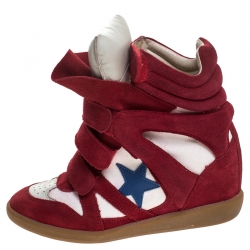 Pre Owned Isabel Marant Red/White Suede and Canvas Bayley Star High Top Sneakers Size 38