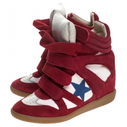 Pre Owned Isabel Marant Red/White Suede and Canvas Bayley Star High Top Sneakers Size 38